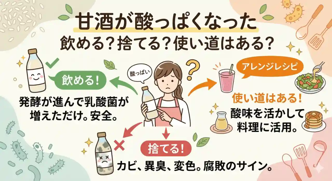甘酒が酸っぱくなった。飲めるのか、捨てるべきか、使い道はあるのかを示すイラスト