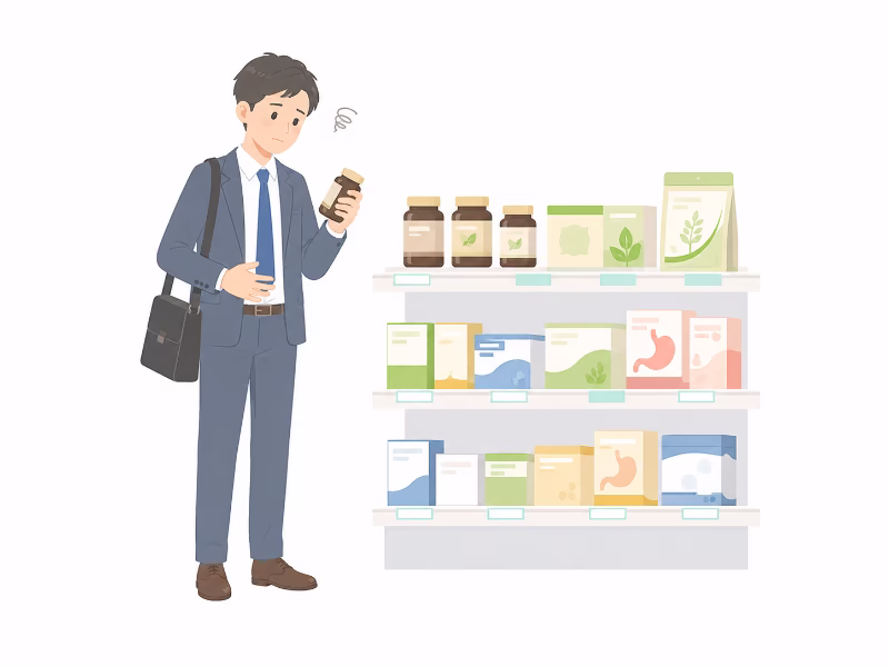 ドラッグストアで胃腸ケア用品を手に取る男性のフラットイラスト
