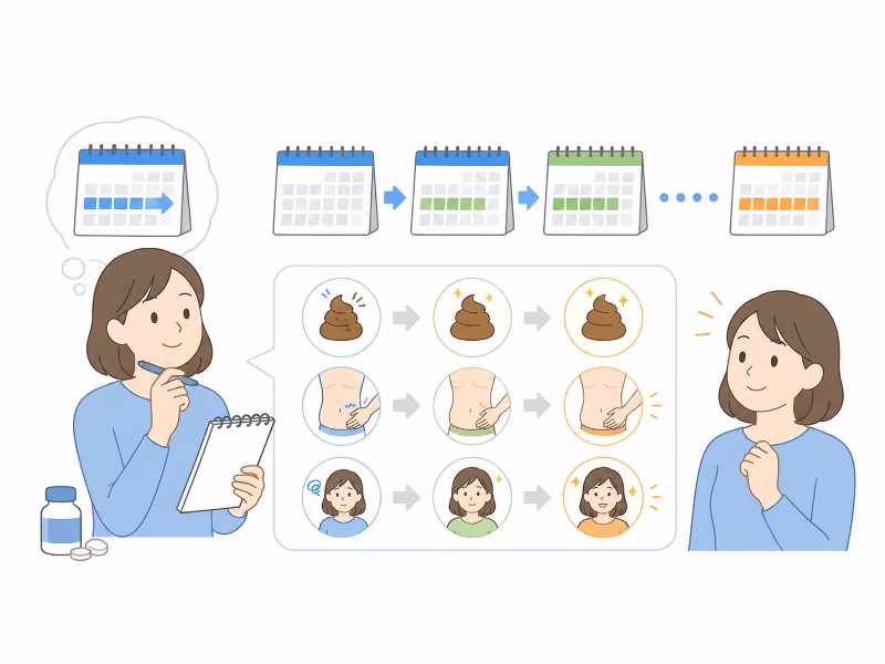 整腸剤の効果を数日から数週間かけて観察する様子のイラスト