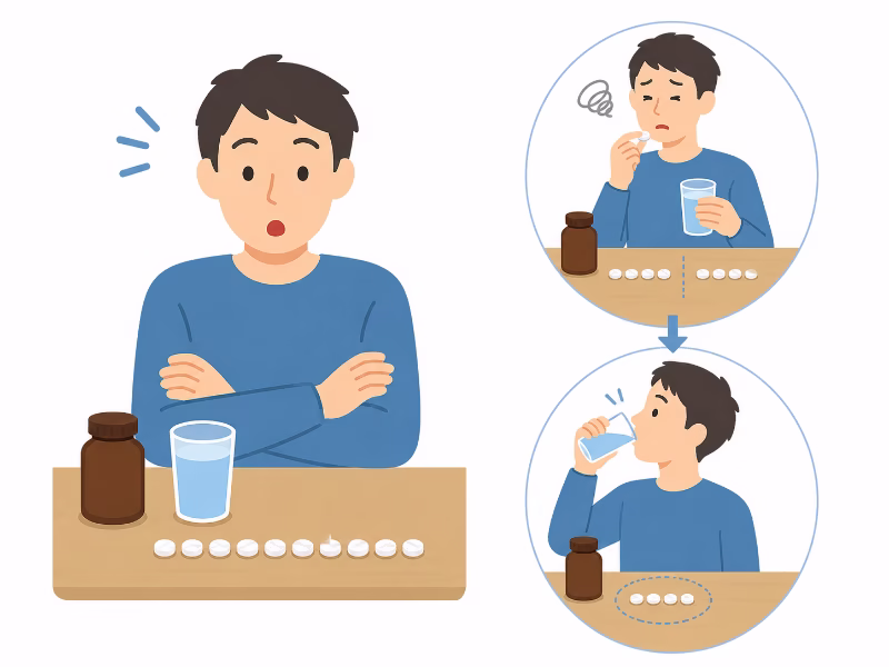 1回10錠の多さと分けて飲む工夫を示したフラットイラスト