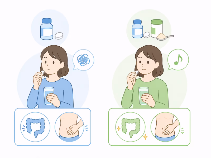 強ミヤリサン単独とビオフェルミン併用時の体感の違いを表したイラスト