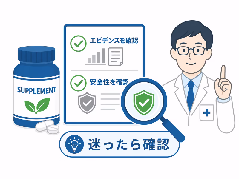 サプリ購入前に根拠や安全性を確認する大切さを示したまとめ用イラスト