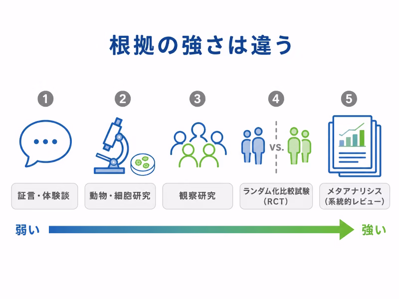 体験談からメタアナリシスまで健康情報の根拠の強さを示した図解