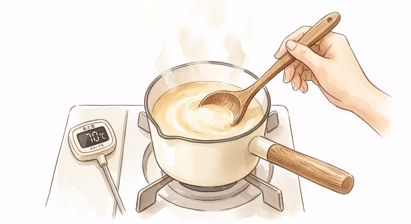 酸っぱくなった甘酒を鍋で加熱処理している場面のイラスト。温度計は70℃を表示