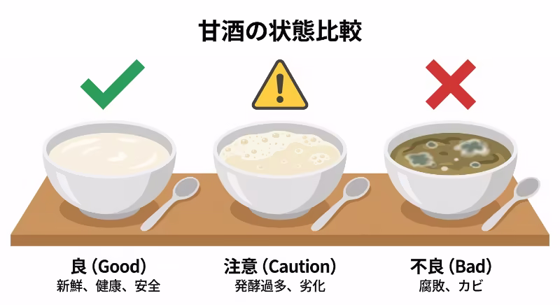 甘酒の安全判断を3段階で示した図解イラスト。問題なし、注意、廃棄の3つの状態を並べて比較