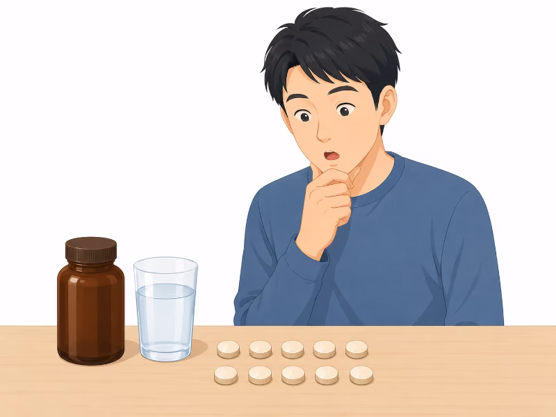 1回10錠の多さに驚く男性と錠剤のフラットイラスト