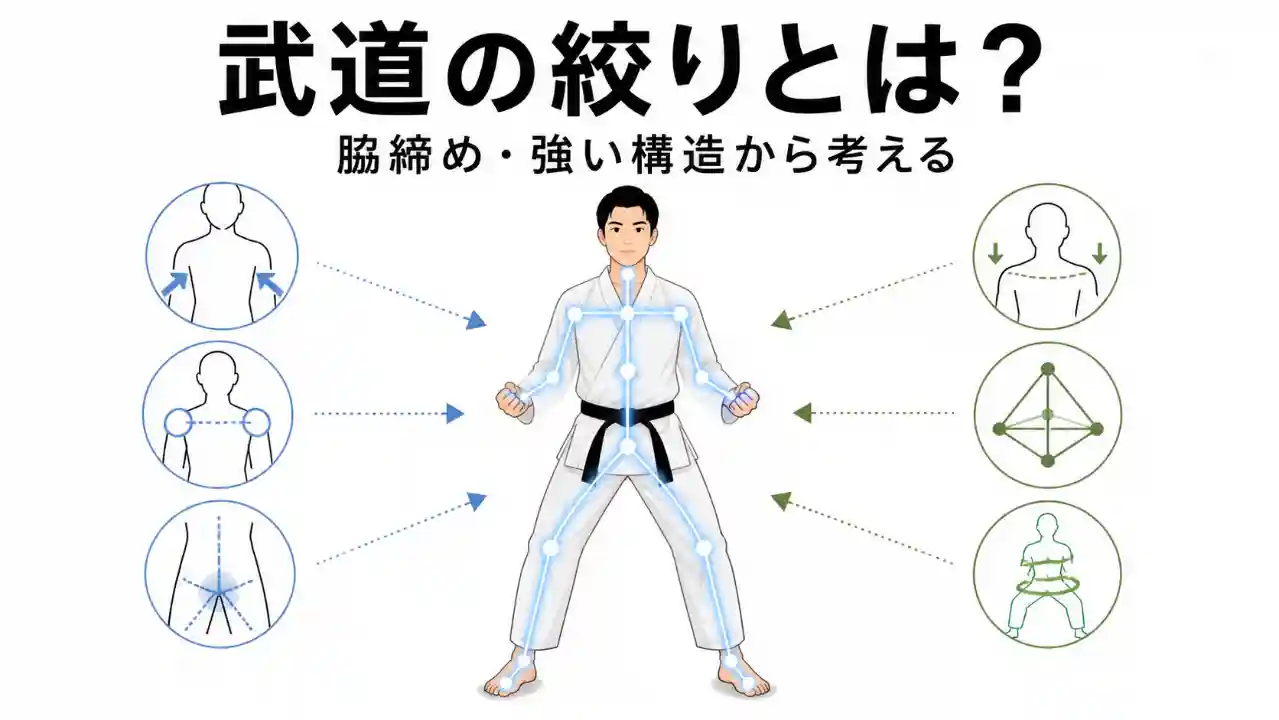 武道や格闘技で言われる絞りを、脇締めや強い構造、全身の連結のイメージと文字入りで表現したアイキャッチ画像