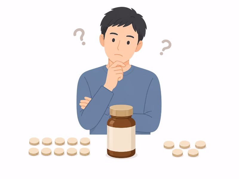 エビオス錠を少なめに飲むか迷っている様子のフラットイラスト