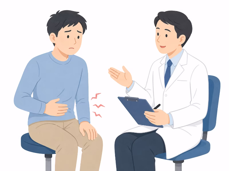 胃腸の不調について相談する男性のフラットイラスト
