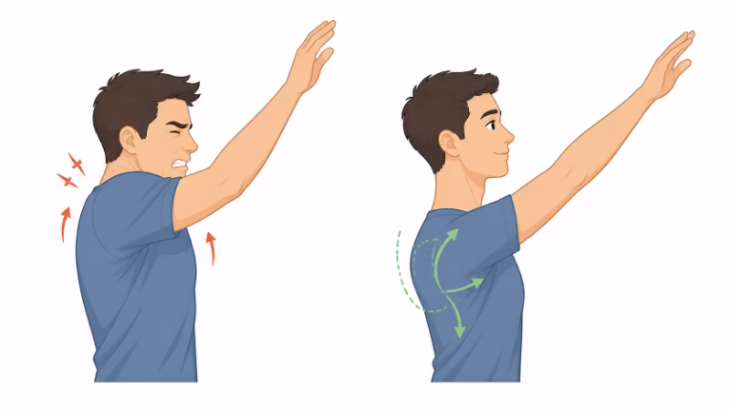首をすくめる動きと、肩甲骨を自然に使って腕を上げる動きの違いを示す挿絵