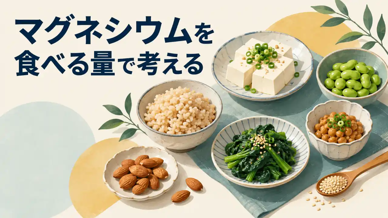 「マグネシウムを食べる量で考える」の見出しと、豆腐、玄米ご飯、枝豆、ほうれん草、納豆、アーモンド、ごまを並べたイラスト。
