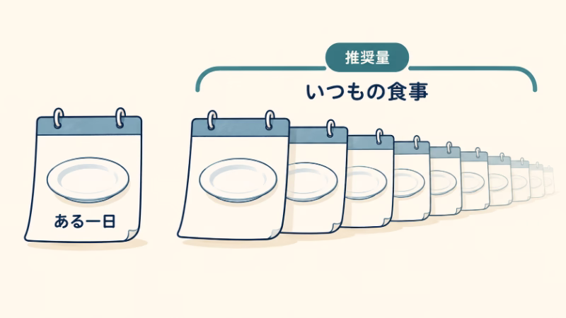 皿の記号を載せた単独の日めくりと、連続する日めくりを並べ、推奨量が「ある一日」ではなく「いつもの食事」の目安であることを示す図。
