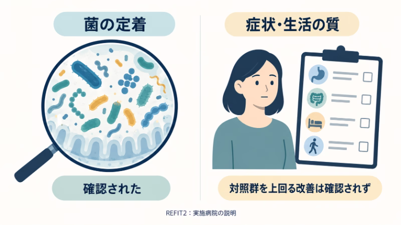 菌の定着を示す概念図と、症状・生活の質を評価する人物と記録用紙。定着は確認された一方、対照群を上回る改善は確認されなかったことを区別する。