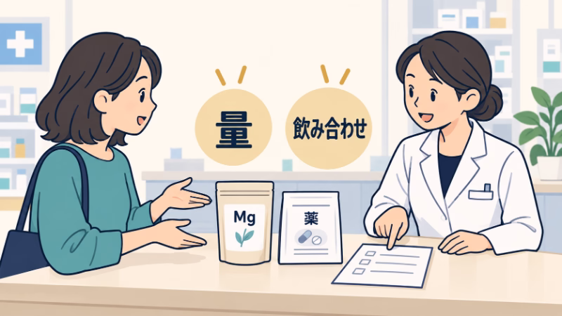 マグネシウム製品と薬を薬剤師に見せ、チェックリストを一緒に確認する場面。「量」と「飲み合わせ」を確認する必要性を示す。