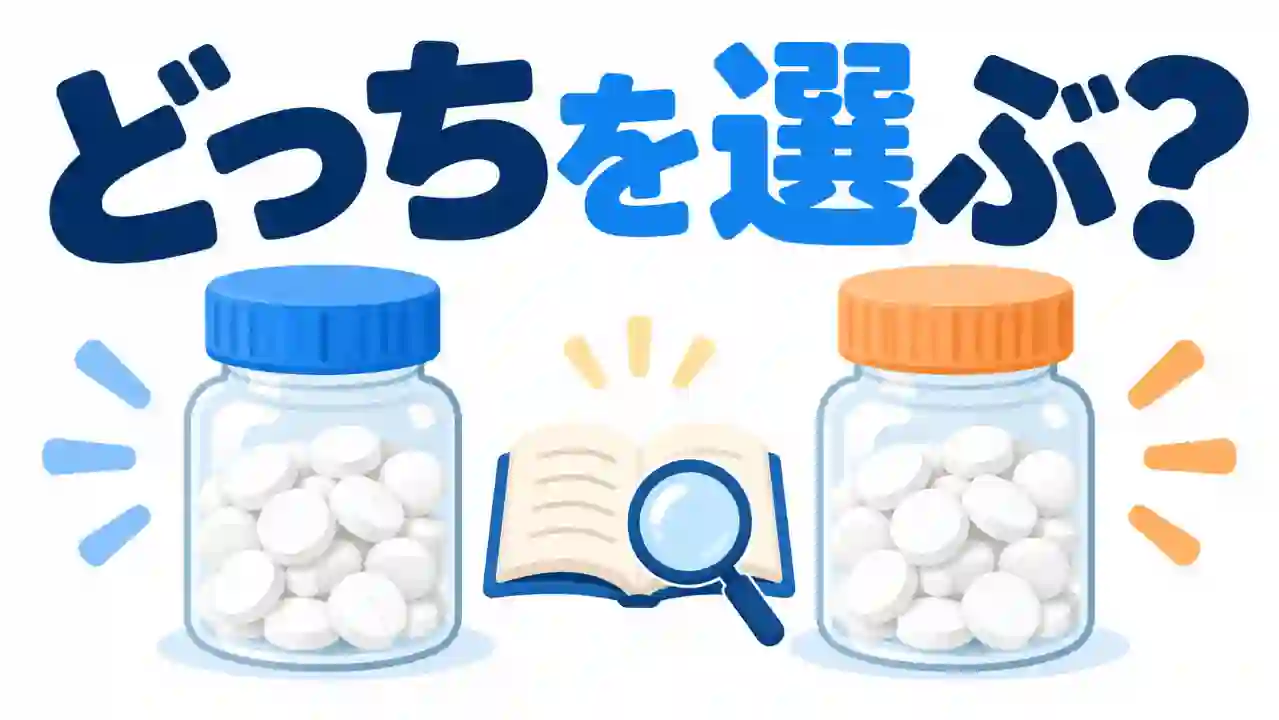 青とオレンジのふたの錠剤瓶を左右に並べ、中央の本と虫眼鏡で製品を比較するテーマを表した白背景のイラスト